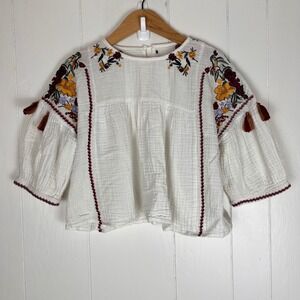 Womens Embroidered Gauze Small Peasant Top Floral Tassel Boho Peasant Festival
